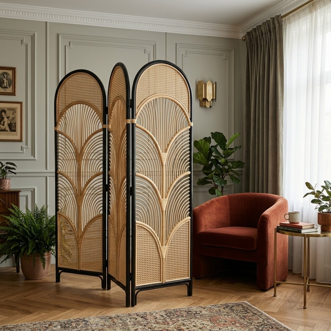 Three-panel cane-webbing rattan divider beside a terracotta chair in a warm neutral living room