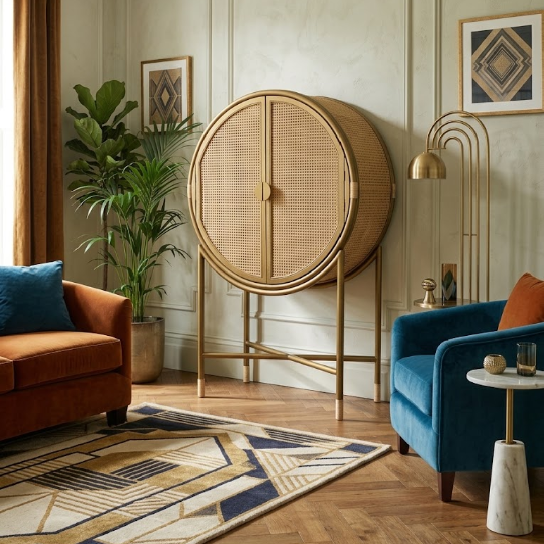 Cane-front rattan drinks cabinet in a Calmistry room setting