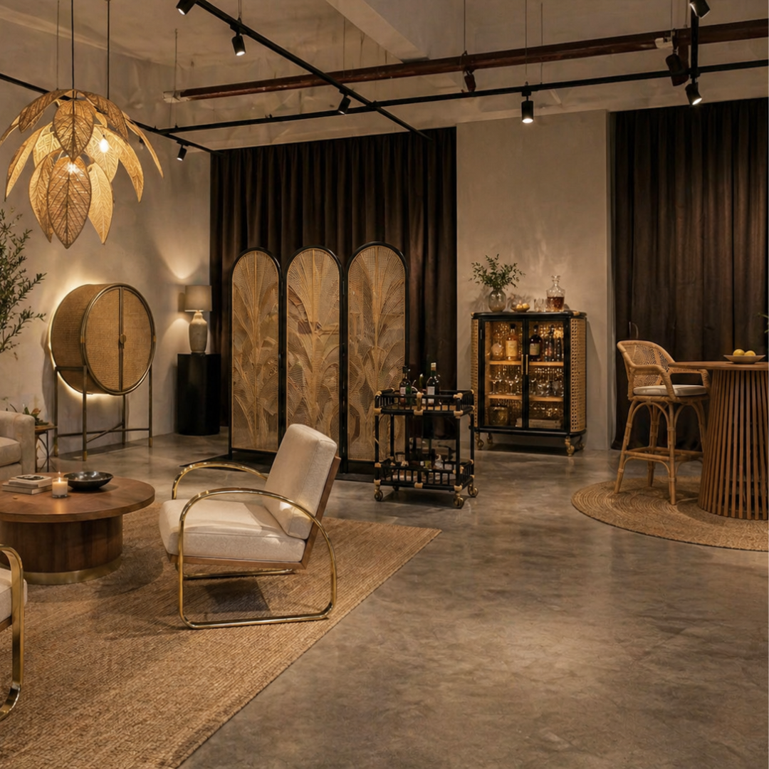 A softly lit interior with a woven rattan pendant, arched rattan screen and cane bar cabinet