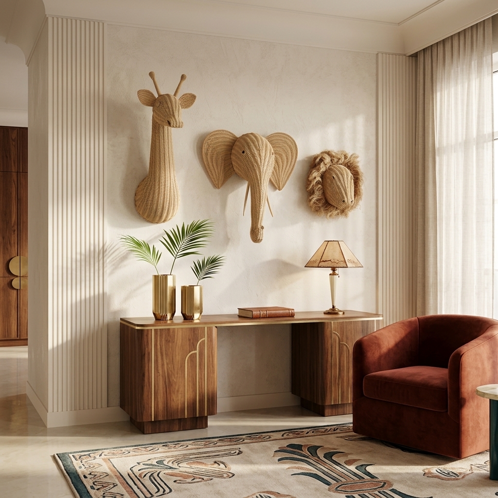 Woven giraffe, elephant and lion wall sculptures displayed together in a warm room