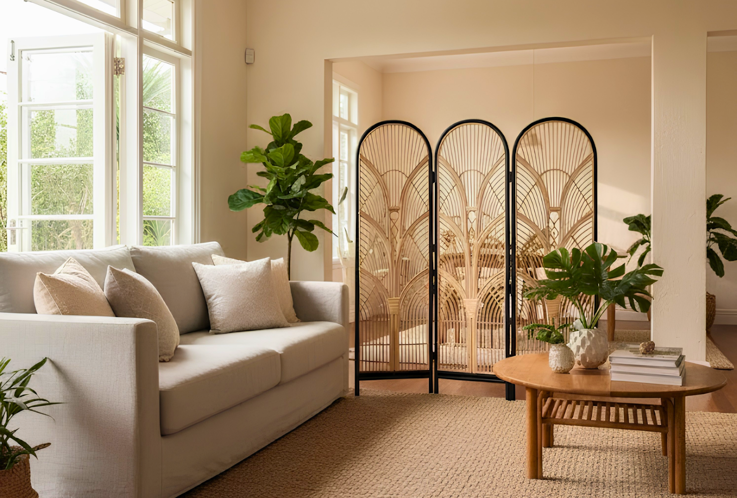 An arched rattan folding screen zoning a bright living room with a linen sofa