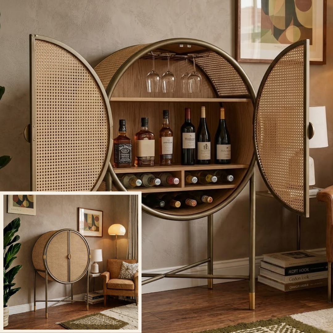 An open cane-fronted drinks cabinet holding glassware and bottles in a warm room