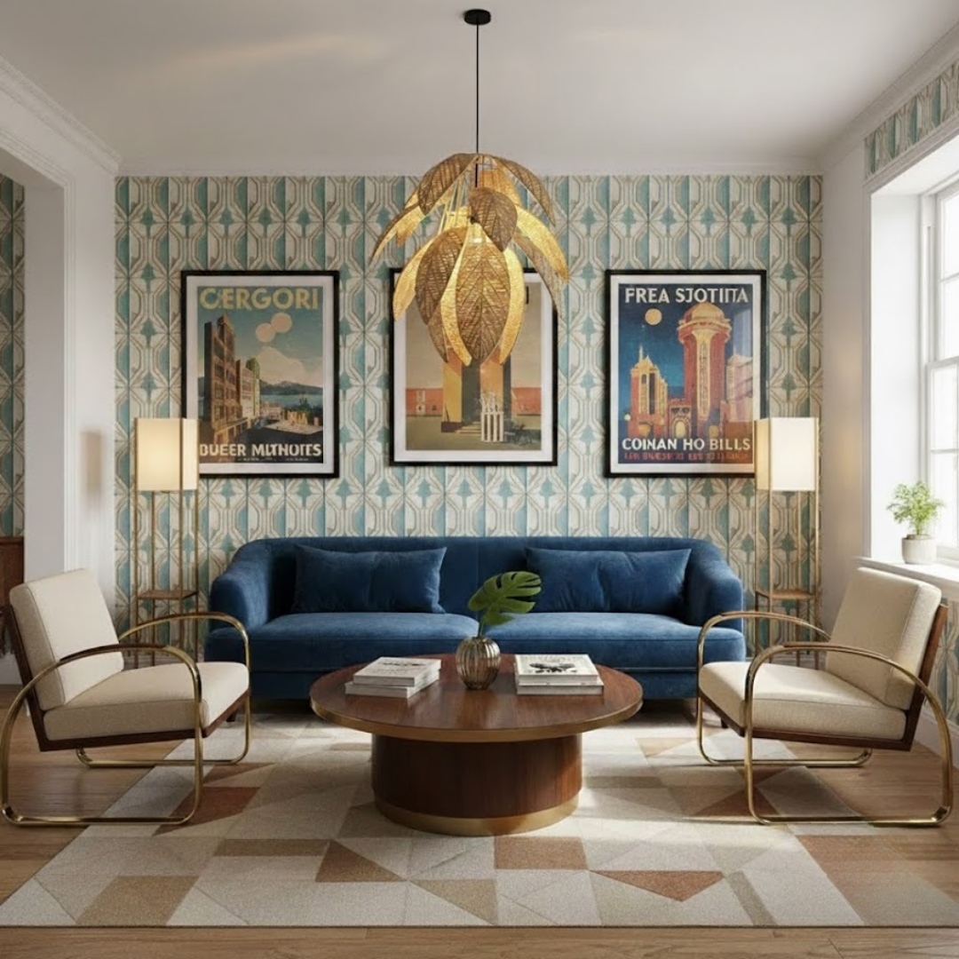 A sculptural layered-leaf pendant light hanging above a seating area in a bright room